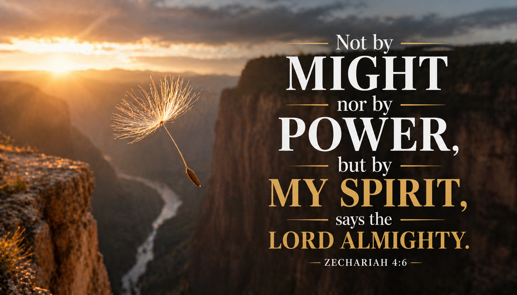 Bible verse wallpaper Zechariah 4:6 with dandelion seed floating across canyon in warm side-light weightless yet crossing